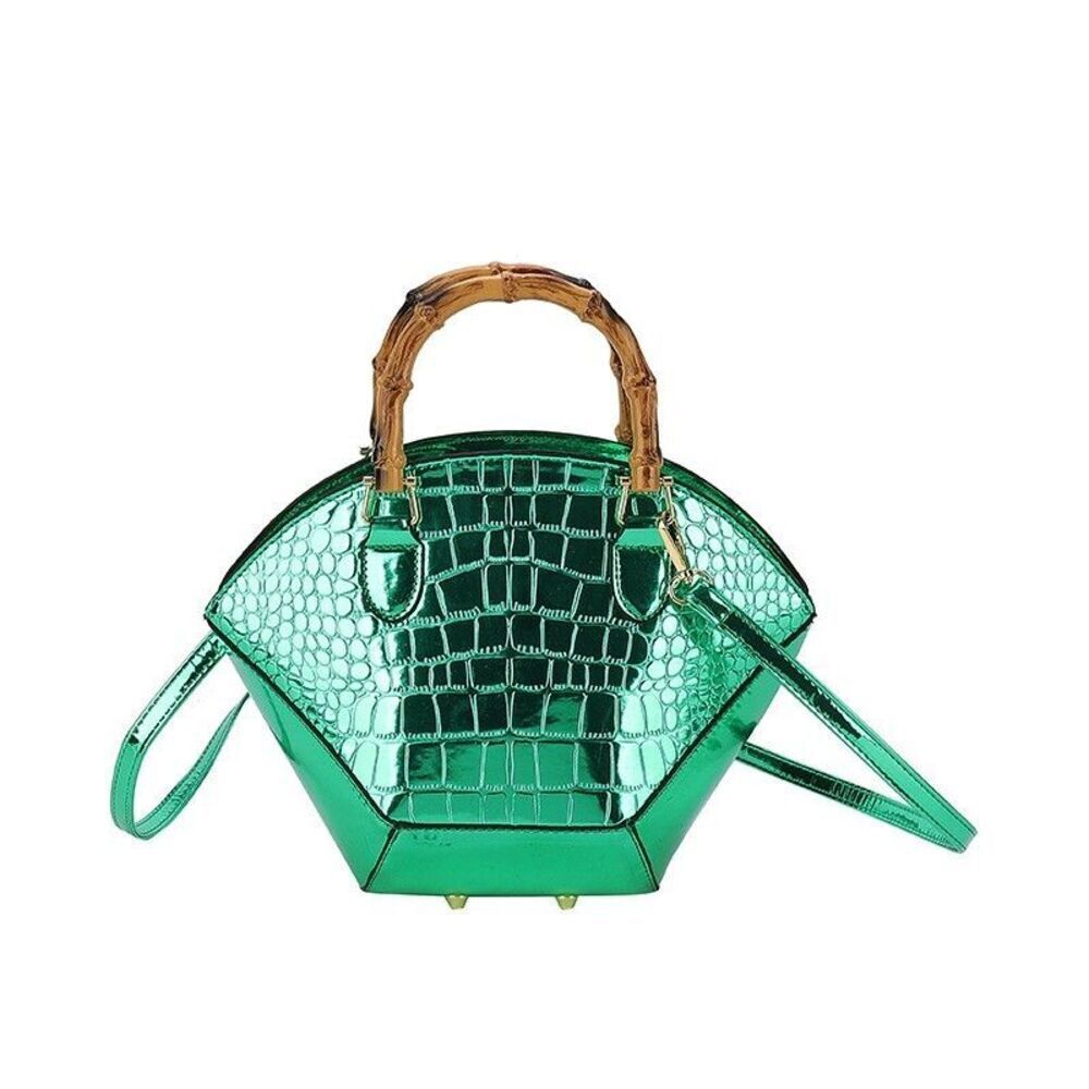 Women's Green Shiny Crocodile Print Bamboo Handle Satchel Wing Design